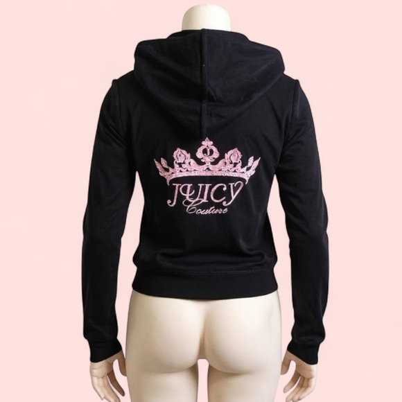 JUICY COUTURE Hoodie Y2K Black Velour RARE Rhinestone Pink Crown Logo Large NWT - Picture 2 of 11